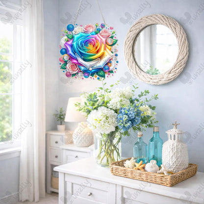 Yunzlly DIY Hanging Diamond Art Pendant Kit, Special Crystal Double Sided Diamonds Painting Ornament Kit for Adults, Acrylic Gem Painting Board for Window&Door&Wall (Rose Flower)