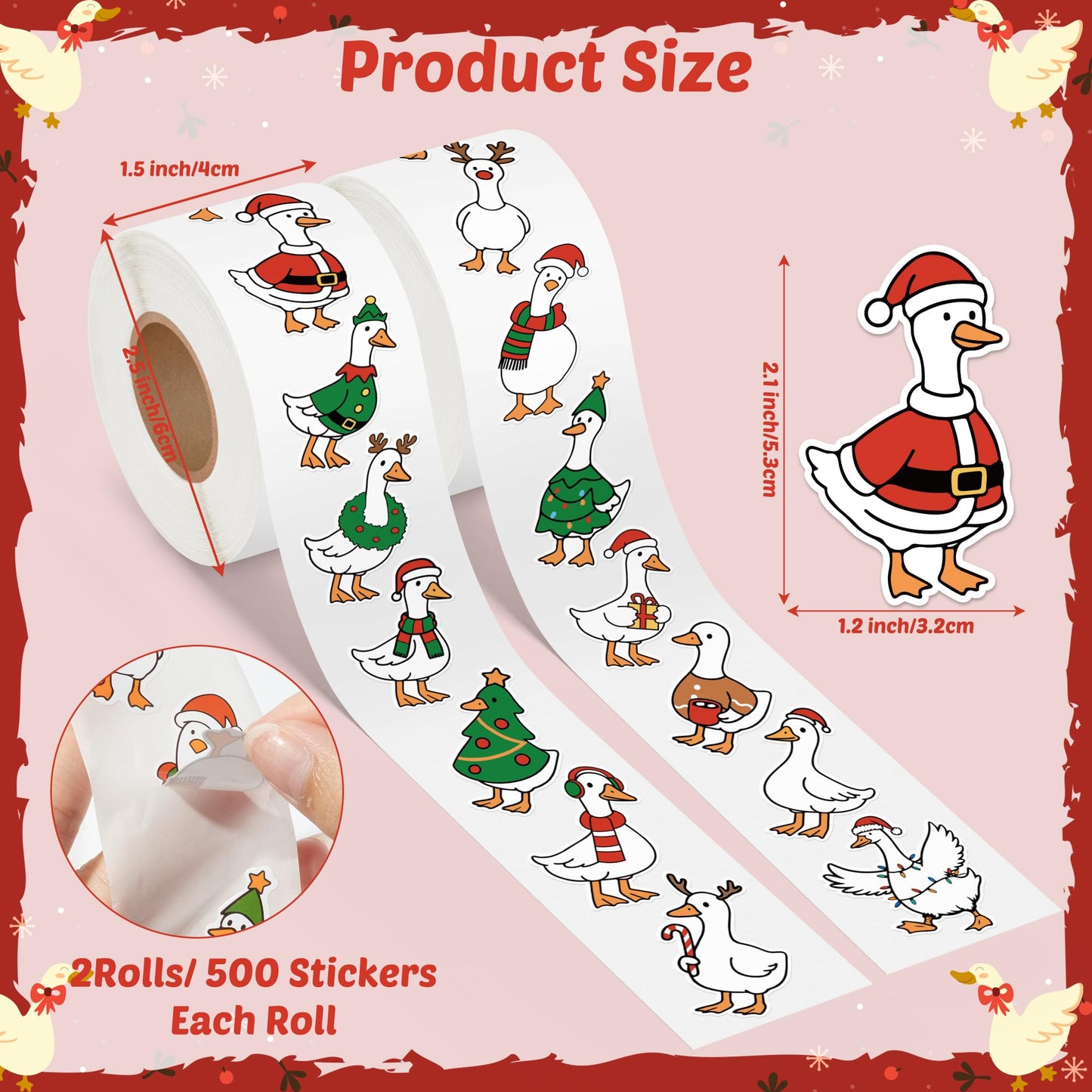 DSjuedui Christmas Goose Roll Stickers - 1000Pcs Silly Cartoon Xmas Tree Snowman Goose Vinyl Decals for Kids, Funny Animals Theme Stickers Gifts for Christmas Party Home Decor Laptops Guitars Luggage
