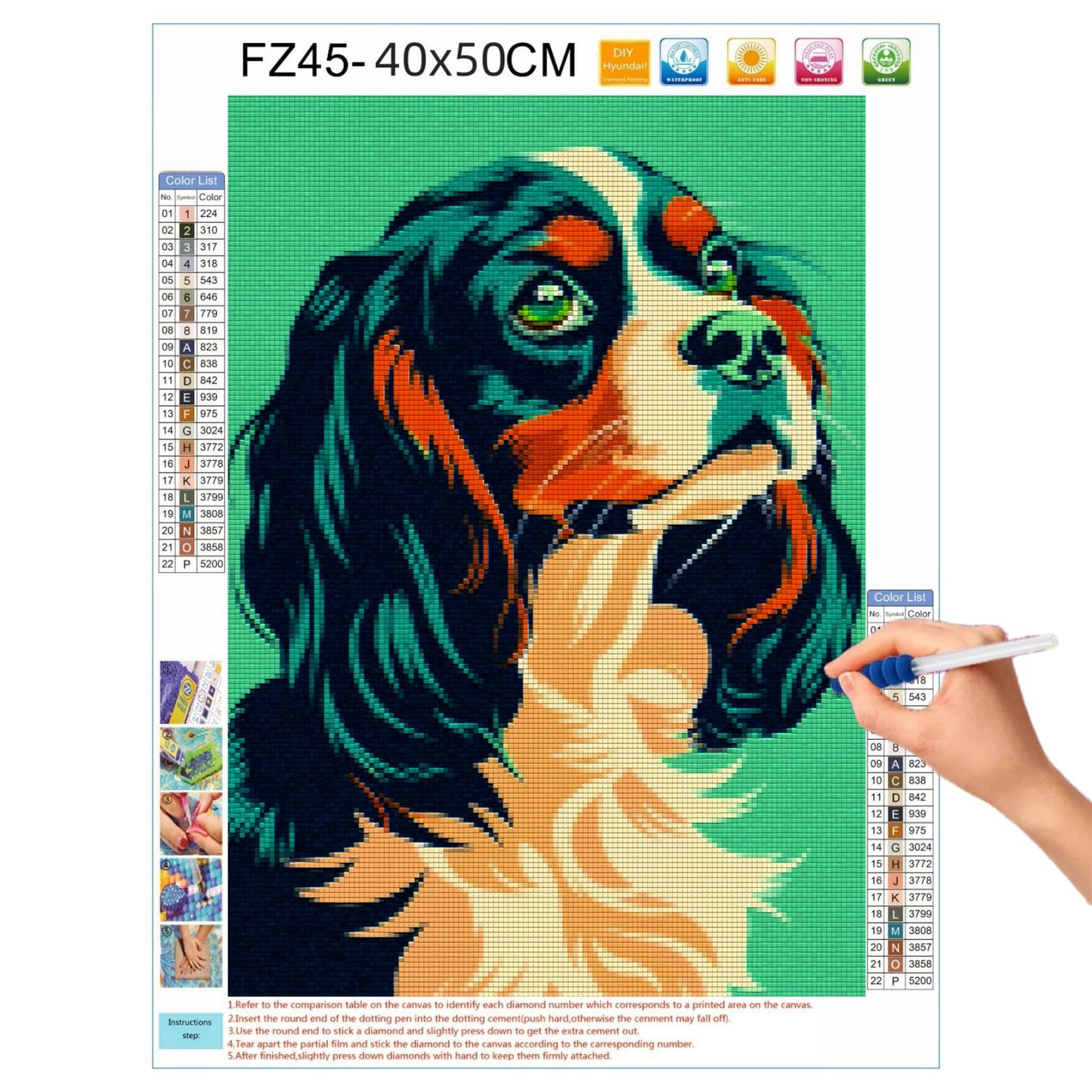 5D Diamond Art Painting Cavalier King Charles Spaniel Full Drill Diamond Art Painting by Number Kits for Adults Square Beads Mosaic Cross Stitch for Wall Decoration 16x20inch