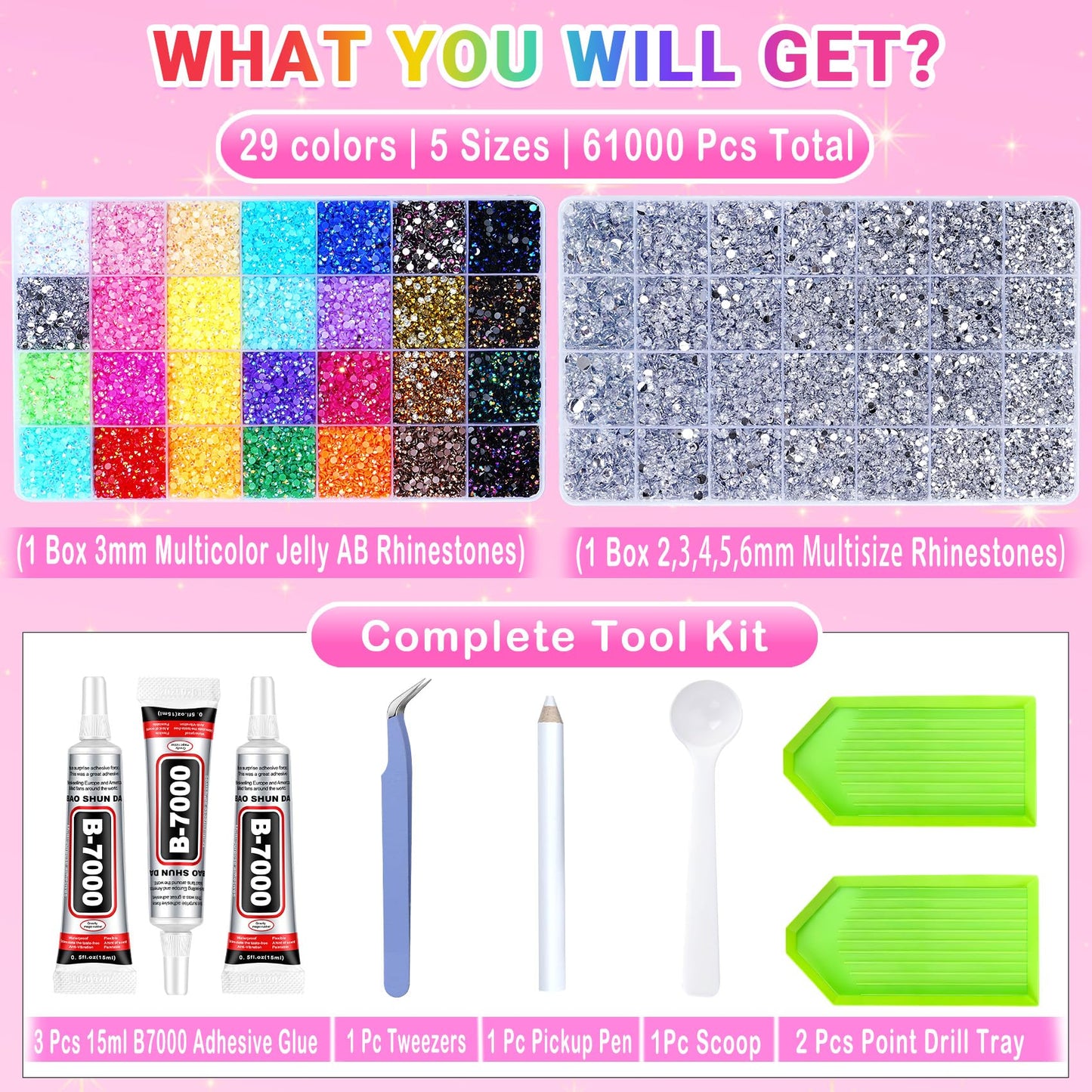 61000Pcs Jelly Rhinestones for Bedazzling, 2 Boxes Multicolor 3mm & Silver Clear 2/3/4/5/6mm Resin Flatback Gems for Crafting, Bedazzler Kit with 3Pcs 15ml B7000 Jewelry Glue for Crafts Clothes Book