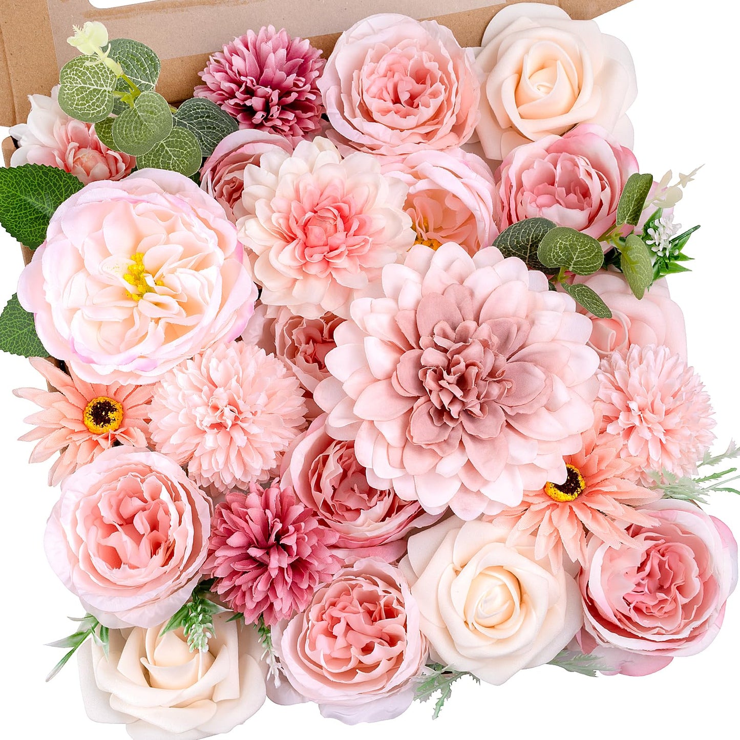 SWNAWE Pink Flowers Artificial Roses Combo Set Fake Pink Silk Flowers Faux Peony Flowers Mix Chrysanthemum Dahlia with Stems for Wedding Bouquets Baby Bridal Shower Party Floral Arrangements Decor