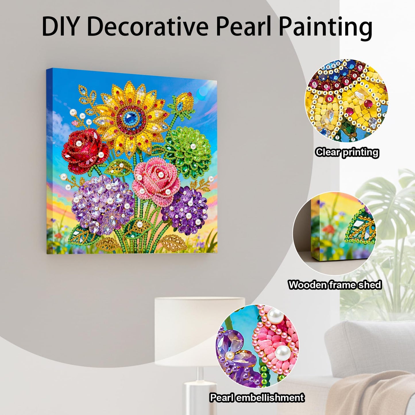Huacan DIY 3D Pearl Painting Kit - Floral Pearl Art Craft Kit Pearl Painting with Frame for Home Wall Decor 9.8 * 9.8 Inch for Adults and Beginners