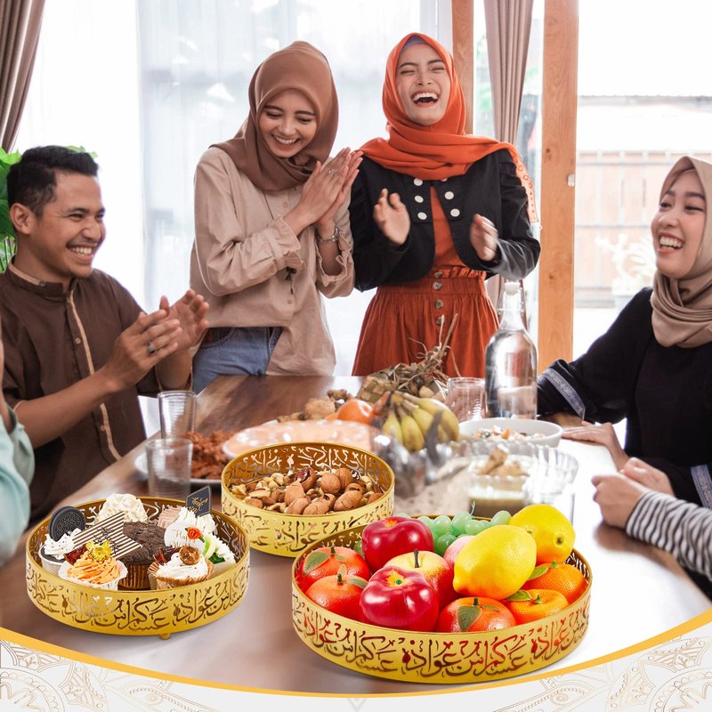 Ramadan Serving Trays - 3 Pieces Iron Gold Round Platter, 3 Sizes Eid Candy Dish, Muslim Pastry Snacks Dessert Holder for Ramadan Mubarak Party Supplies Home Decor