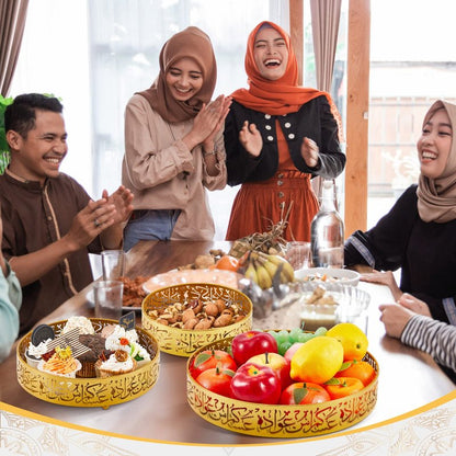 Ramadan Serving Trays - 3 Pieces Iron Gold Round Platter, 3 Sizes Eid Candy Dish, Muslim Pastry Snacks Dessert Holder for Ramadan Mubarak Party Supplies Home Decor