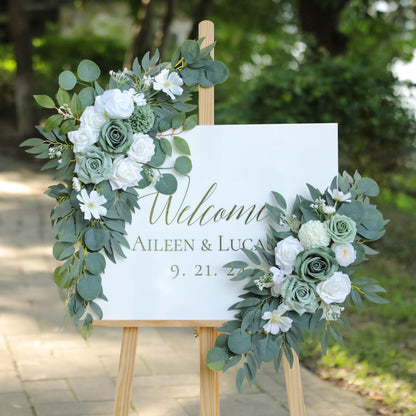 Udoula Artificial Sage Green Wedding Arch Flowers Swags Set of 2 for Welcome Signs, Reception and Ceremony Decorations - White Floral Decor