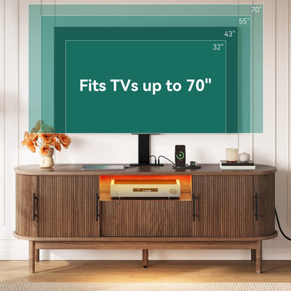 YITAHOME TV Stand with Mount and Power Outlet, Modern Entertainment Center with 3 Height Adjustment TV Mount for 32-70 inch TVs, LED Fluted TV Media Console with Sliding Doors, Curved Profile Design