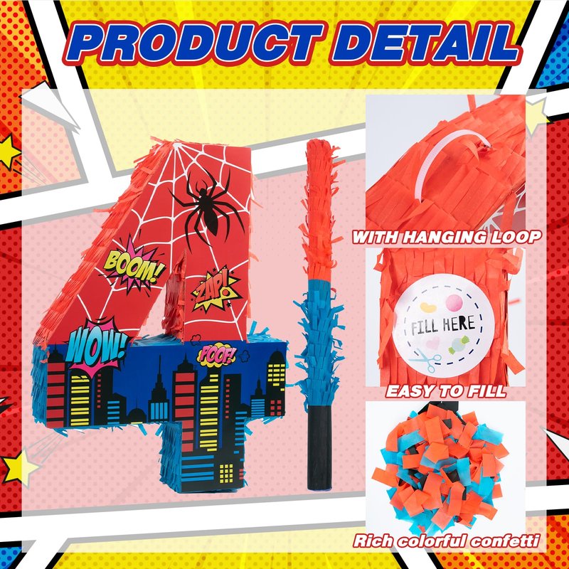 Number 4 Spider Pinata Bundle with 16 Inch Piñata Stick Blindfold Confetti for Hero Birthday Party Decoration Anniversary Celebration Gift Spider Party Favors for Kids, 16 x 11.6 x 2.4 Inch