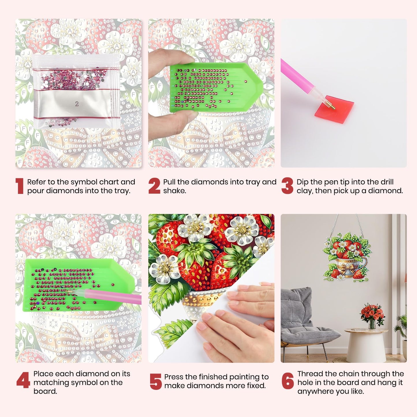 MXJSUA Strawberries Diamond Painting Art Window Suncatchers, Diamond Art Kits for Adults Hanging Ornaments with Chain, 5D Special Shape Crystal Diamond Pendant Accessories for Decor Gift 8x8 Inch