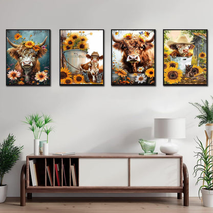 EWJRNSF 5D Diamond Painting Kits for Adults Beginners, Diamond Arts Kits Diamond Art Sets,Gem Painting Arts & Crafts Home Wall Decoration 11.8x15.7 Inches 4 Pack Highland Cow