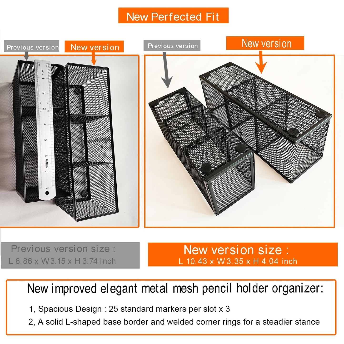 Metal Mesh Pencil Holder, Spacious 3-Compartment Desk Organizer for Pens, Makeup Brushes, Utensils, Multipurpose Office, School ,Kitchen, Home Desktop Storage, 10.43 x 3.35 x 4.04 Inches, Black