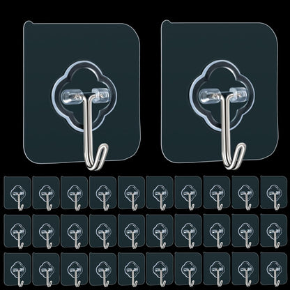 Skiennix Adhesive Hooks - 32 Pack, 33lb Max Capacity, Transparent & Reusable Wall Hooks for Home & Outdoor Use