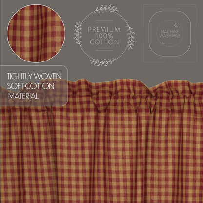 VHC Brands Burgundy Red Check Cotton Primitive Kitchen Curtains Rod Pocket 16x60 Valance