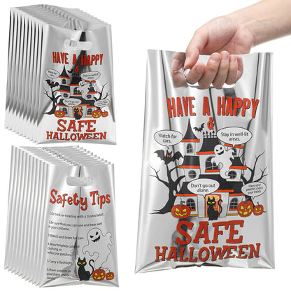 Hosuly 100 Pcs Halloween Reflective Goodie Bags Bulk Have a Safe&happy Halloween Plastic Gift Bags Safety Tips Treat with Handles for Trick or Treat Theme Party Favors