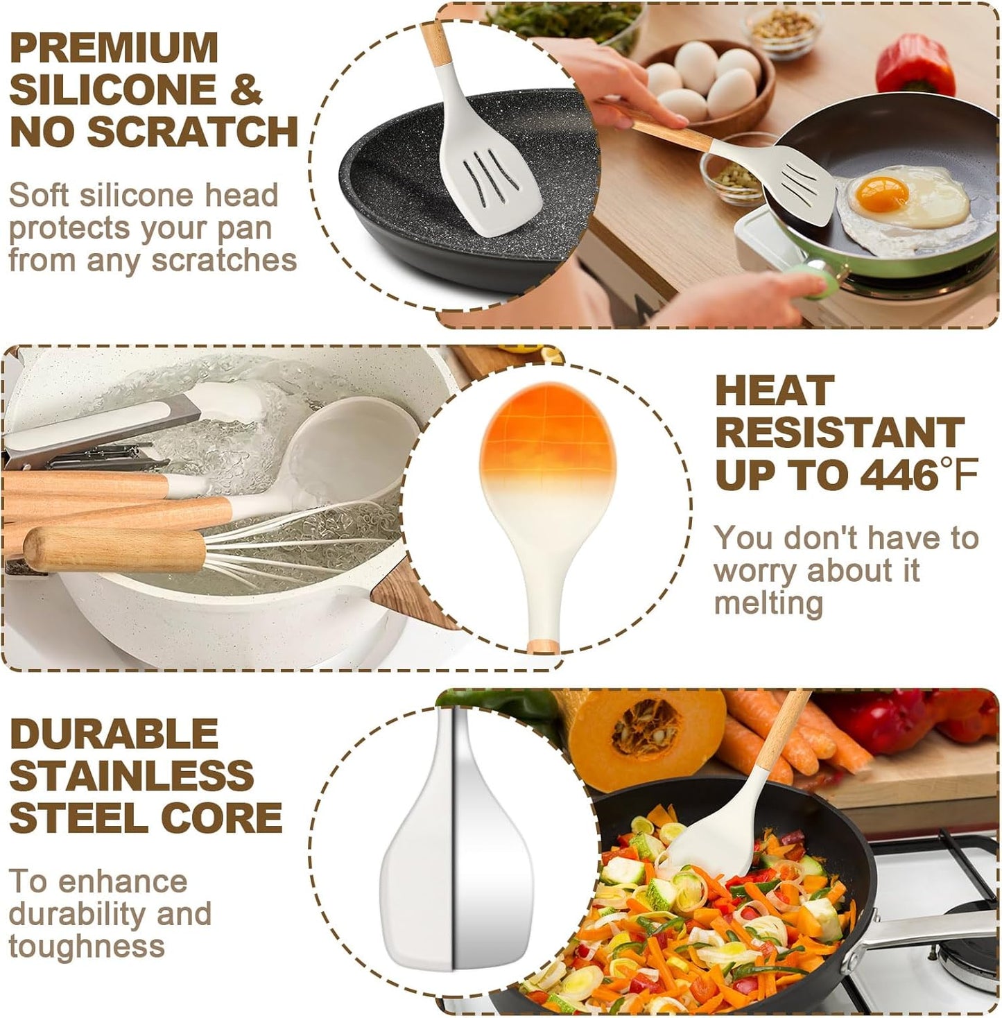 Silicone Cooking Utensils Set, 16 Pcs with Holder, Heat Resistant Kitchen Gadgets for Nonstick Cookware