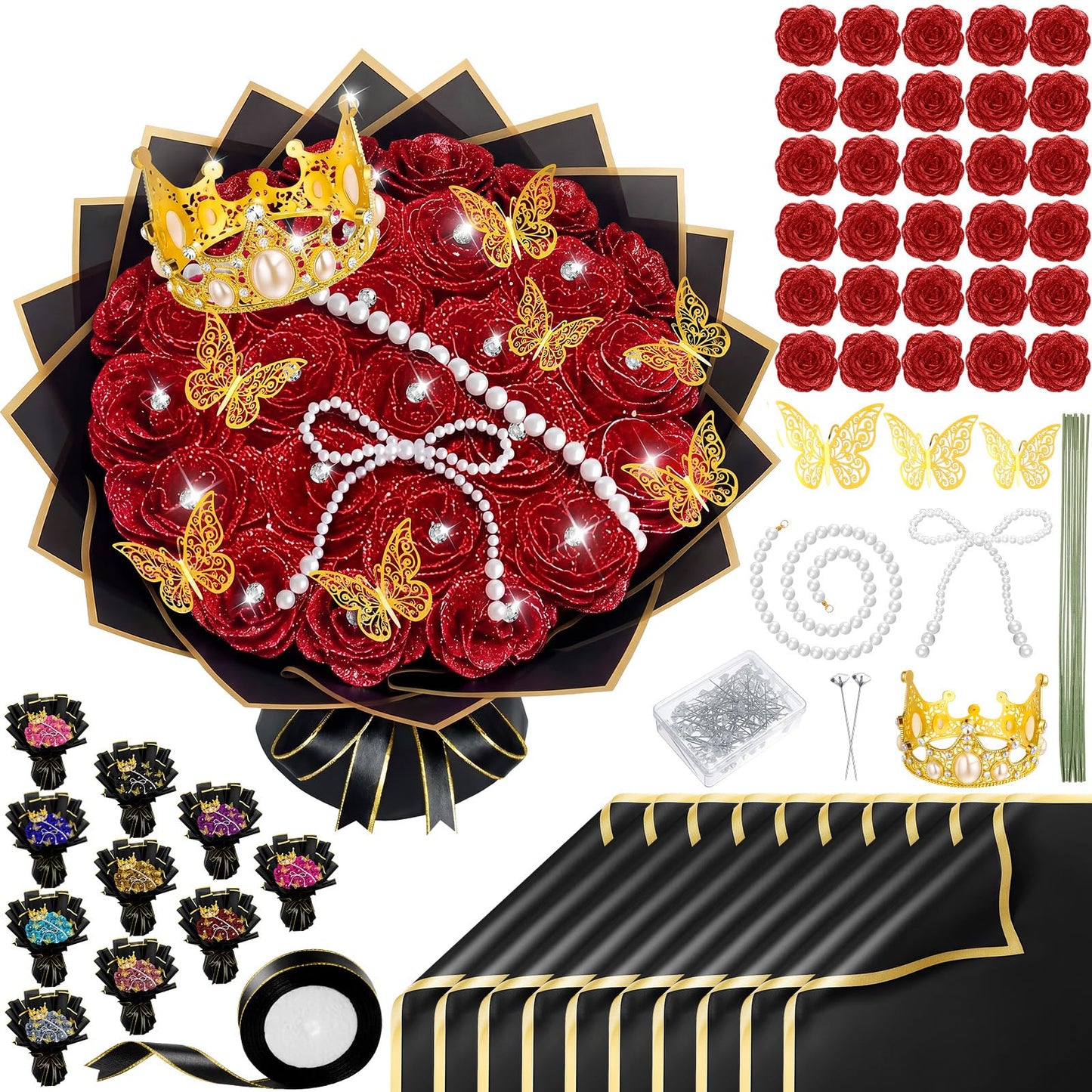 Daifunli 196 Pcs Graduation Gifts DIY Glitter Roses Bouquet Kit Artificial Flower Bouquet Kit Grad Birthday Gifts Flower Wrapping Paper 3D Butterflies Crowns for Grad Wedding Anniversary(Red)