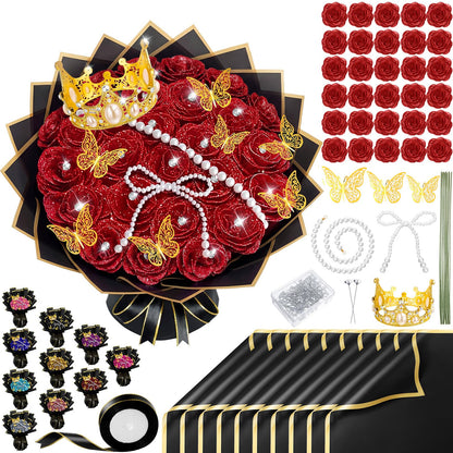 Daifunli 196 Pcs Graduation Gifts DIY Glitter Roses Bouquet Kit Artificial Flower Bouquet Kit Grad Birthday Gifts Flower Wrapping Paper 3D Butterflies Crowns for Grad Wedding Anniversary(Red)