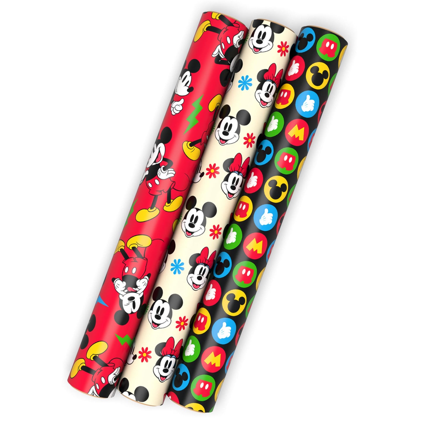 Hallmark Disney Mickey Mouse Wrapping Paper Mini Rolls, 3-Pack (Mickey, Minnie, Mouse Ears, Red and Black) for Birthdays, Graduations, Celebrations, Any Occasion - 45 Sq. Ft. Total