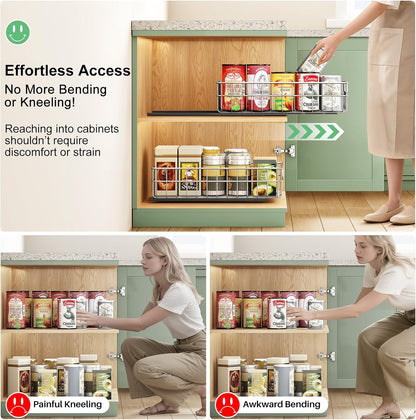 Pull Out Cabinet Organizer by Regine Switzerland - Stainless Steel 2-Pack Drawer with Silent Slides | Ideal for Kitchen, Pantry & Bathroom