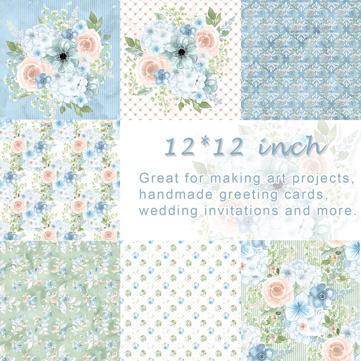 28 Sheets Scrapbook Paper, Floral Scrapbooking Specialty Papers 160gsm Cardmaking Craft Paper Pack Decorative Paper for Card Making (12"X12" Inch, Powder Blue Flowers)