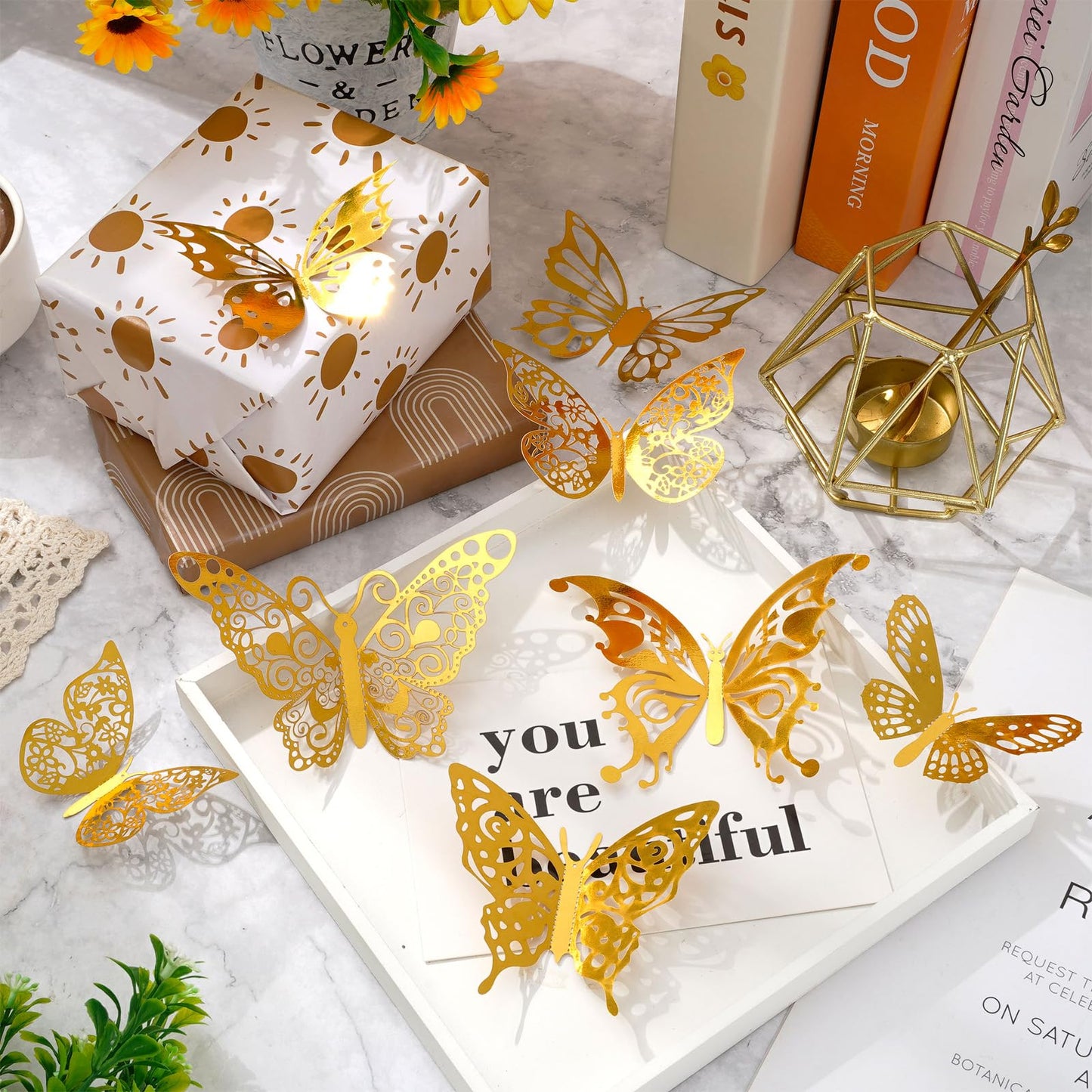 Whaline 12Pcs Modern Boho Wrapping Paper Boho Daisy Flower Rainbow Sun Gift Wrap Bulk Art Paper Folded Flat for Baby Shower Birthday Wedding DIY Crafts Gift Packing, 19.7 x 27.6 Inch