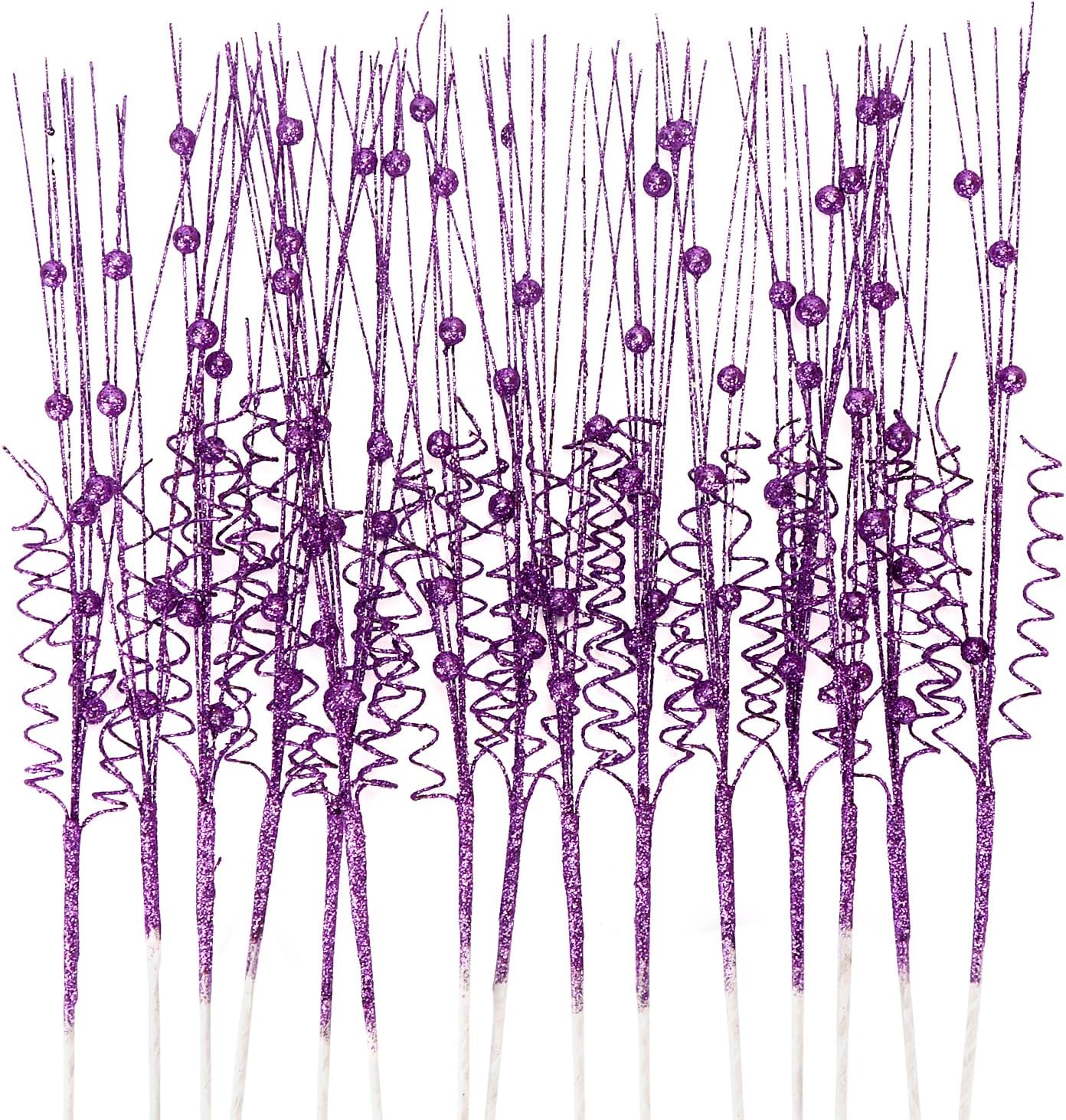 Kesywale 16Pcs 17" (16, Glitter Christmas Tree Picks Curly Sprays Sparkle Artificial Berry Stems Twigs Ting Branches