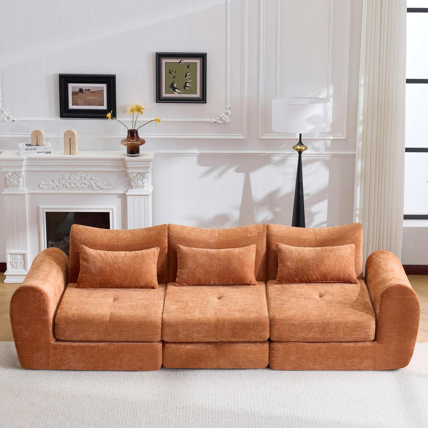 Modular Cloud Sofa, Convertible Folding Sofa Bed, Sectional Cushioned Couch with Flannelette Fabric & High Density Foam, Modern Floor Sofa for Living Room, Bedroom, Apartment, Orange