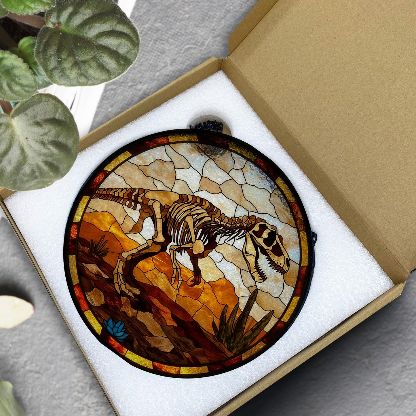 Hiuwevt Dinosaur Skeleton Suncatcher Stained Glass Window Hanging, Prehistoric Dino Fossil Sun Catchers Indoor Window Glass Wall Art Decor, Dinosaur Round Wall Hanging Decorations, 7.9x7.9 inch