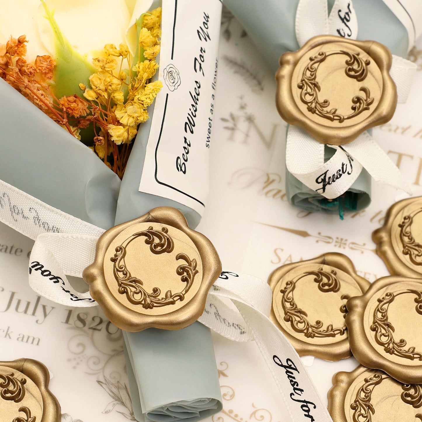 SWANGSA Initial Alphabet Wax Seal Stickers, 50 Pcs Antique Gold 3D Floral Letter C Envelope Seal Stickers Self- Adhesive, Perfect for Wedding Invitation, Christmas, Gift Wrapping