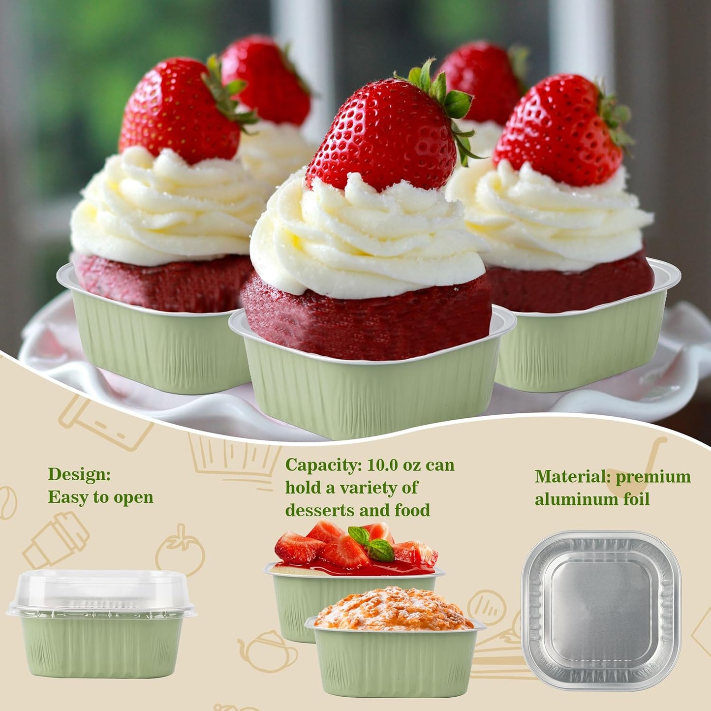 BAKINGPAK 30PCS Cupcake Liners With Lids, 10oz Square Mini Aluminum Pans, Disposable Ramekins for Children Party