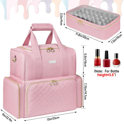 Nail Polish Organizer Holds 80 Bottles and a Nail Lamp,Nail Polish Carrying Case with 2 Removable Bags,Nail Organizers and Storage for Nail Tech,Portable Nail Polish Holder for Nail Supplies,Pink