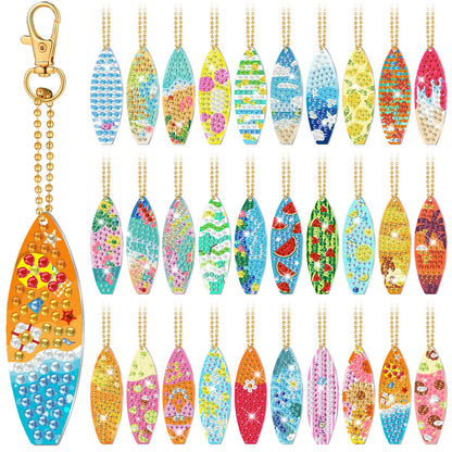 Huquary 30 Pcs Summer Diamond Art Keychains Surfboard Diamond Painting Keychain Kits for Aldults Double Sided 5d Rhinestones Beach Hawaiian Luau Party Hanging Ornaments for Beginners DIY Crafts