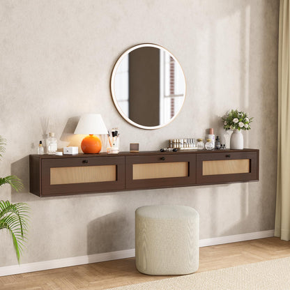 FurniNova 70'' Floating TV Stand with Rattan Doors, Wall Mount TV Console Cabinet, Fully Assembled Floating Entertainment Center, Matte Finish, Plywood Media Cabinet for Living Room