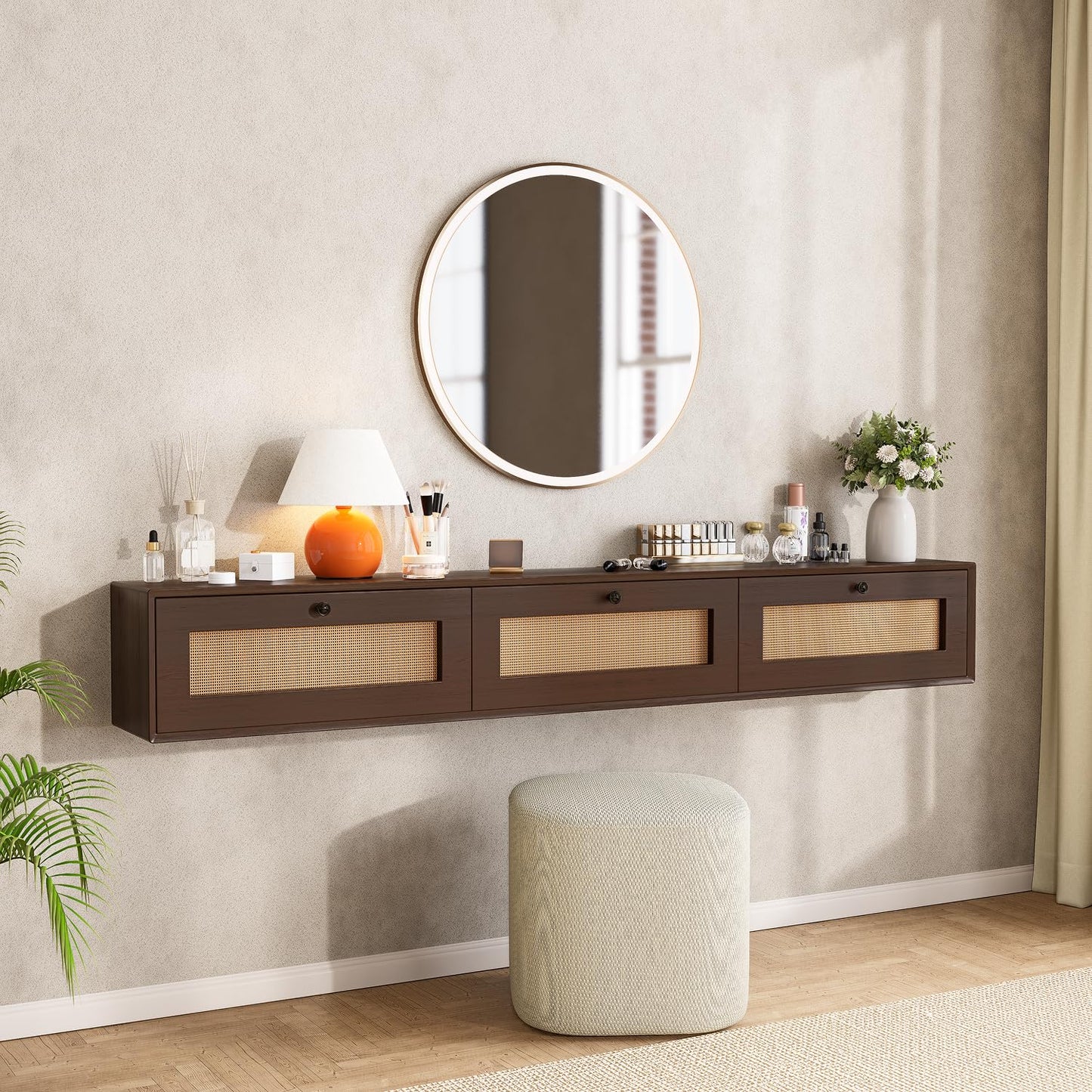 FurniNova 78'' Floating TV Stand with Rattan Doors, Wall Mount TV Console Cabinet, Fully Assembled Floating Entertainment Center, Matte Finish, Plywood Media Cabinet for Living Room