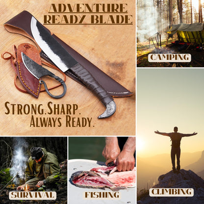 LEONA CRAFT® Viking Knife Set 10” Hand-Forged Carbon Steel Norse Knife with Leather Sheath – Outdoor Camping Hunting Carving Utility Knife, Celtic Design Survival & Hiking Cutting Tool