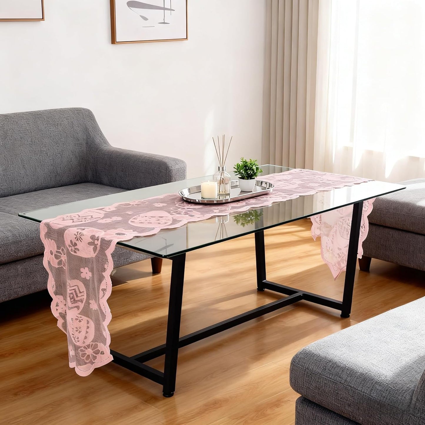 werdecade 70.9x13.4 Inch, Easter Table Runner Lace, Pink Floral Egg Embroidery Table Scarf for Spring Dining Table