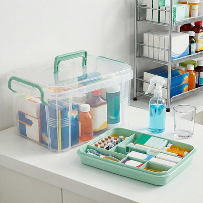 Goaste 15QT Clear Medicine Organizer Box with Handle, Plastic Medicine Container with Detachable Tray, Portable First Aid Bin Empty, Multipurpose Medical Storage Case for Home, Craft Supplies, Green