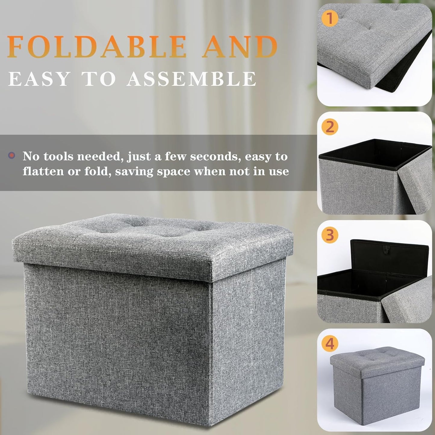 NIENIE 15.7"X11.8"X11.8", Linen Folding Storage Ottoman Coffee Table Small Foot Stool for Living Room, Bedroom, Grey