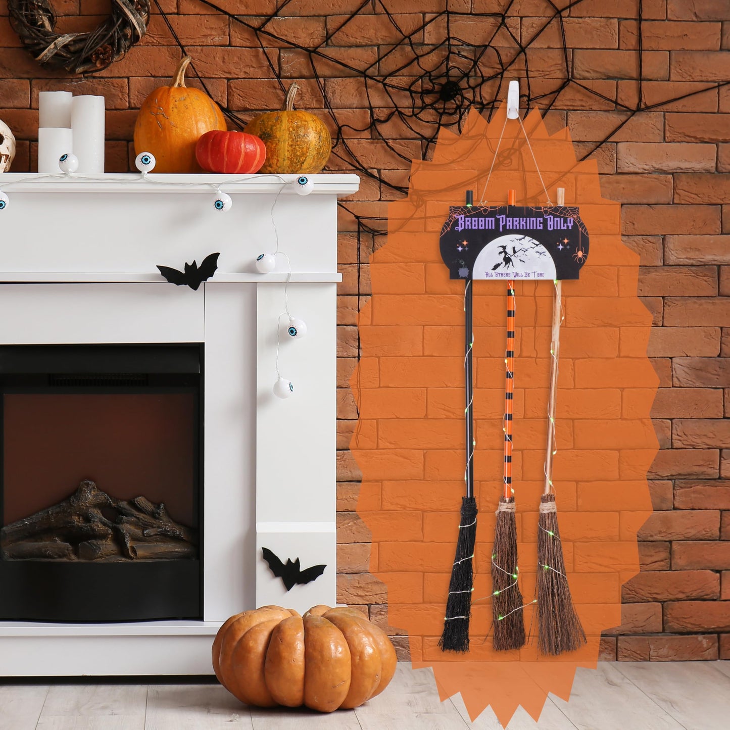 Halloween Decorations with Broom Parking Only Sign - Witch Halloween Theme - Porch Decor - Decorations with Three Witch Broomstick - Wall Decor with Lights