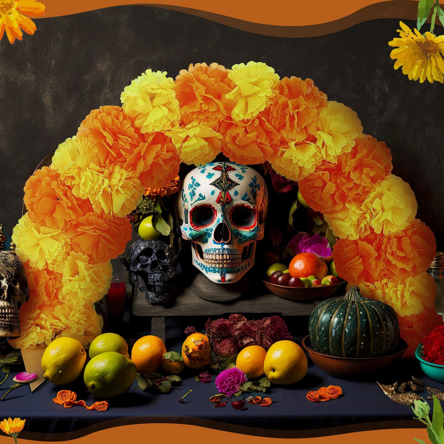 Canlierr Day of The Dead Marigold Arch Kit 24 Inches Wood Dia De Los Muertos Cemetery Grave Decorations Wooden Artificial Marigold Flowers Arch with Stake for Gravestone Graveyard Ground Outdoor