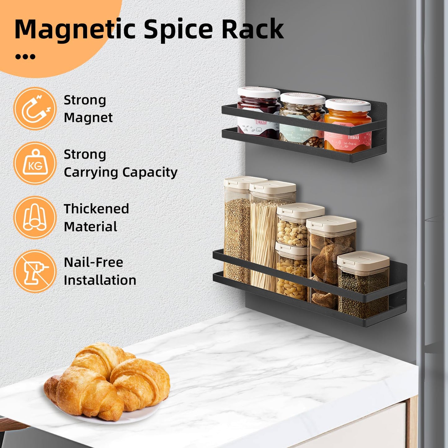 Uten Large Spice Rack for Refrigerator, 2 Pack Strong Magnetic Shelves, Moveable Fridge Organizer for Kitchen Holding Spices, Jars