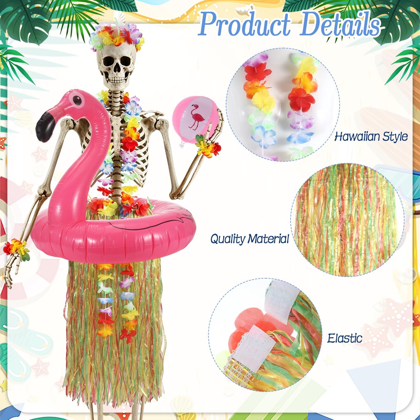7Pcs Summer Hawaiian 12 ft Skeleton Costume Accessories Include Inflatable Flamingo Swimming Ring Hawaiian Hula Grass Skirt Beach Ball Wristbands Flower Garlands for Garden Lawn Luau Party Decor