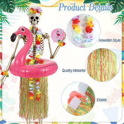 7Pcs Summer Hawaiian 12 ft Skeleton Costume Accessories Include Inflatable Flamingo Swimming Ring Hawaiian Hula Grass Skirt Beach Ball Wristbands Flower Garlands for Garden Lawn Luau Party Decor