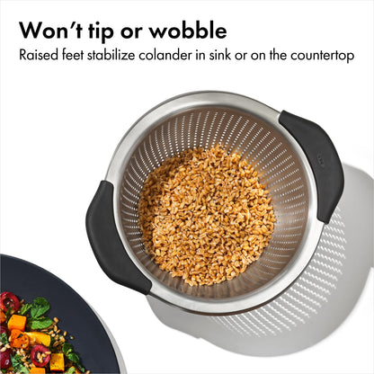 OXO Good Grips Stainless Steel Colander, 5 qt. Capacity, Strainer with Non-Slip Handles, Kitchen Colander for Pasta and Vegetables, Nesting Stainless Steel Strainer and Sieve