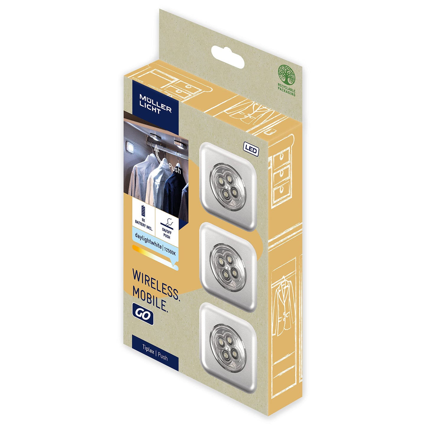 Müller-Licht 400136 LED Battery Pressure Light Set of 3 Including Adhesive Pad and 3 AAA Batteries 0.5 Watt Plastic Silver 6.8 x 6.8 x 2.5 cm