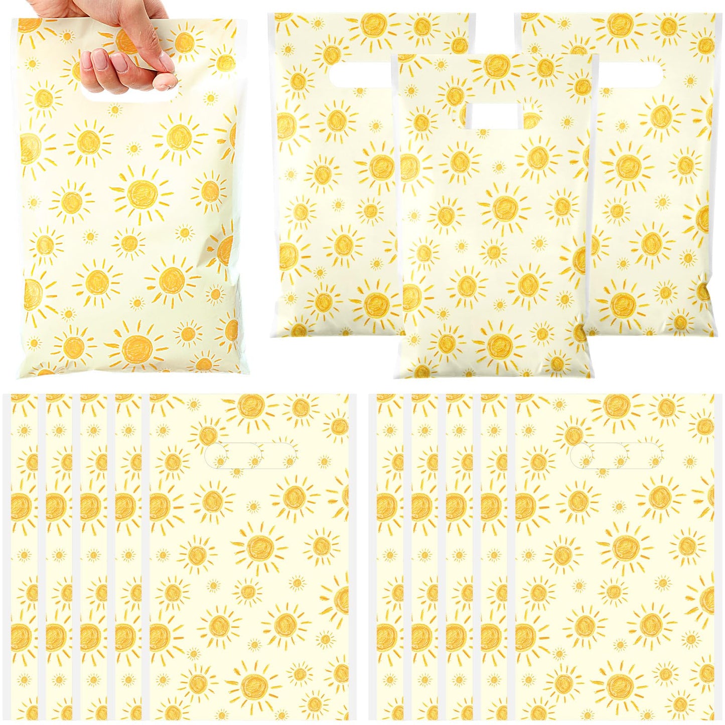 Supervitae 100 Pcs Boho Sun Plastic Gift Bags Bulk with Handles - First Trip Around the Sun Party Favors Summer Sunshine Treat Bags for Birthdays Weddings Snacks Candy Goodie Party Supplies