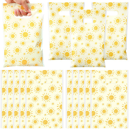 Supervitae 100 Pcs Boho Sun Plastic Gift Bags Bulk with Handles - First Trip Around the Sun Party Favors Summer Sunshine Treat Bags for Birthdays Weddings Snacks Candy Goodie Party Supplies
