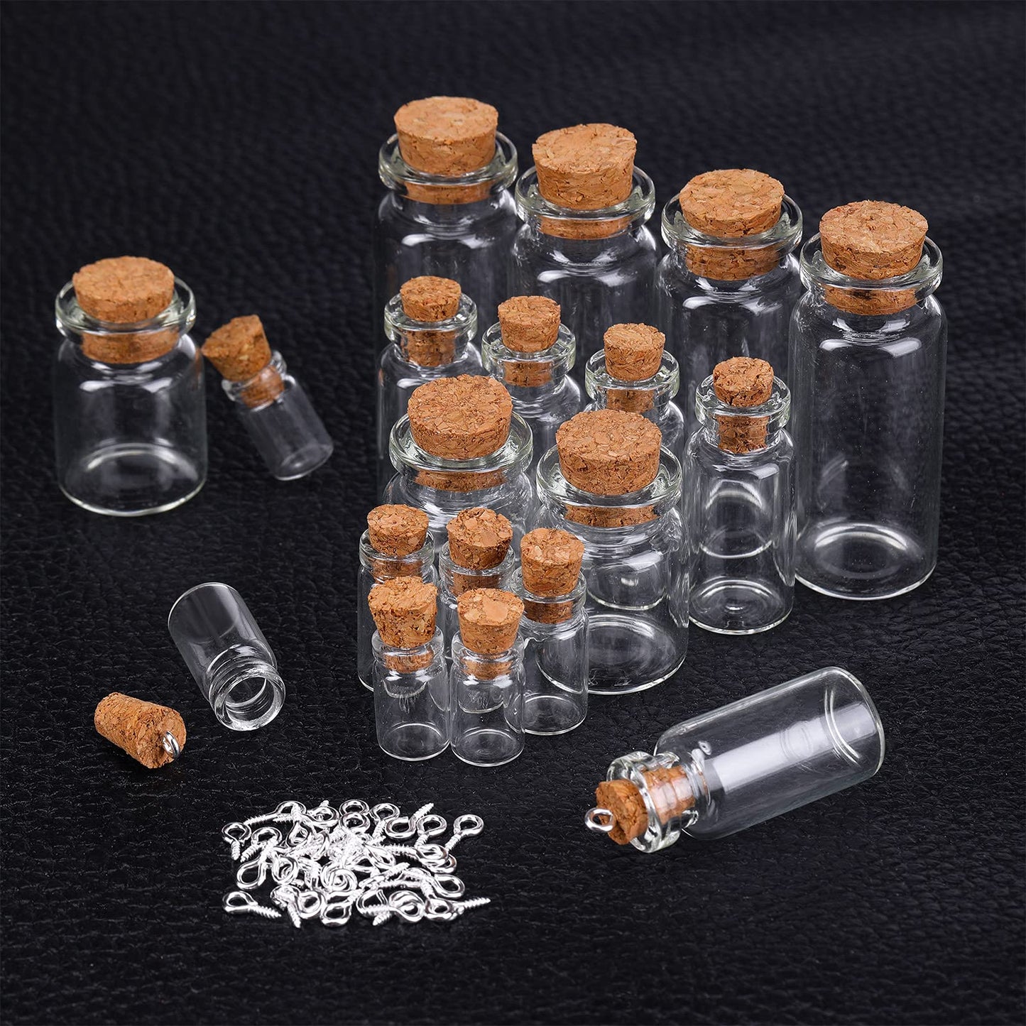 Sherli 45 Pcs Small Mini Glass Bottles with Cork Stoppers Small Glass Jars with Lids Tiny Spell Jars with 50 Eye Screws and 3 Funnels for DIY Art Craft(0.5ml, 1ml, 3ml, 5ml, 10ml)