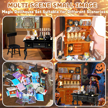 Rileryan 54 Pcs 1:12 Scale Magic Witchy House Kit Halloween Miniatures Furnitures Accessories Mini Wooden Bookshelf Bookcase 30 Mini Books Desk Chair Halloween Decoration Gift