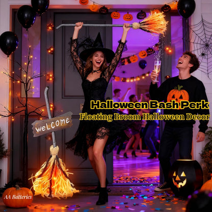 Halloween Witches Decor, Witches Broom Halloween Decor, Animated Floating Broomstick for Spooky Sounds, Haunted Party Decorations, Light-up Dancing Magic Witch Broom Porch Decor