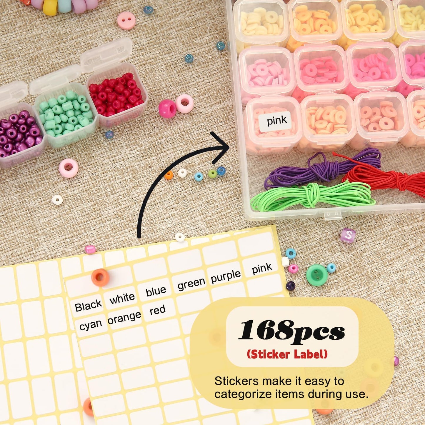 Megoogo 3 Pack 56 Grids Bead Organizer Storage Boxes, 168 Slots Diamond Art Painting Storage Containers with Movable Dividers, Clear Plastic Organizer Box with Labels for Crafts Supply Beads Buttons